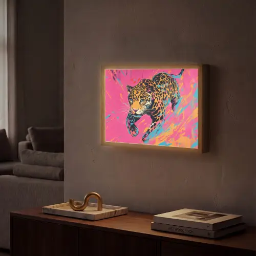 Luipaard - Roze - Oranje - Blauw - Verf Light Box met batterij (Wandlamp) middel -sfeer1