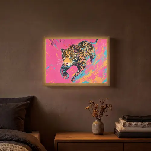 Luipaard - Roze - Oranje - Blauw - Verf Light Box met batterij (Wandlamp) middel -sfeer4