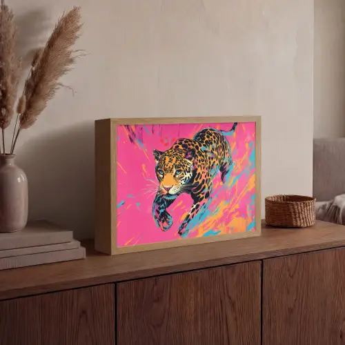 Luipaard - Roze - Oranje - Blauw - Verf Light Box met batterij (Wandlamp) middel -sfeer2