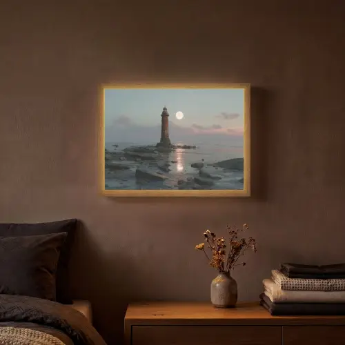 Vuurtoren - Stenen - Water - Maan Light Box met batterij (Wandlamp) middel -sfeer4