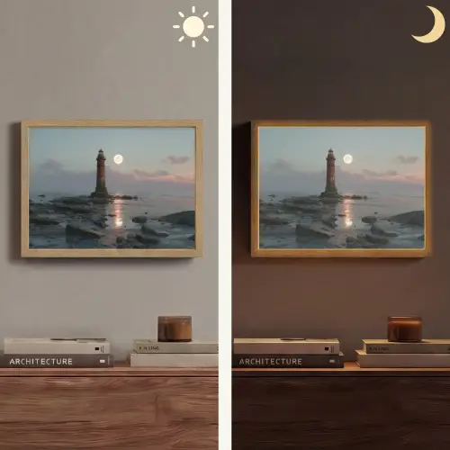 Vuurtoren - Stenen - Water - Maan Light Box met batterij (Wandlamp) middel -sfeer3