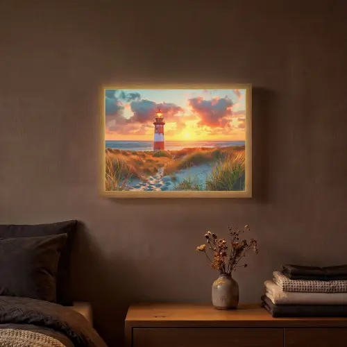 Vuurtoren - Zonsondergang - Duinen - Horizon Light Box met batterij (Wandlamp) middel -sfeer4