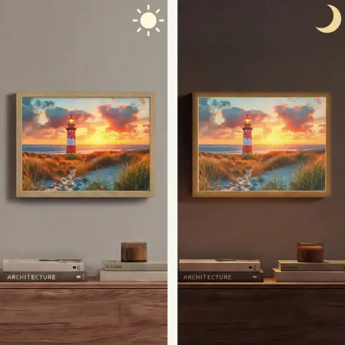 Vuurtoren - Zonsondergang - Duinen - Horizon Light Box met batterij (Wandlamp) middel -sfeer3