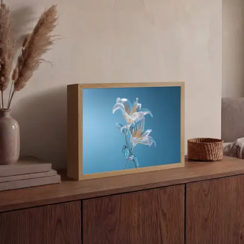 Lelies - Blauw - Glazen Light Box met batterij (Wandlamp) middel -sfeer2