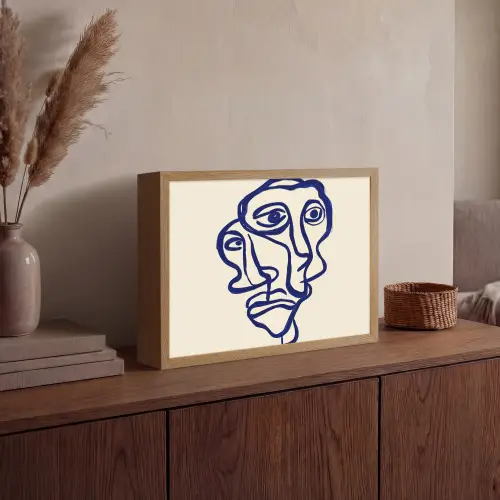 Lijntekening - Overlappende gezichten - Donkerblauw Light Box met batterij (Wandlamp) middel -sfeer2