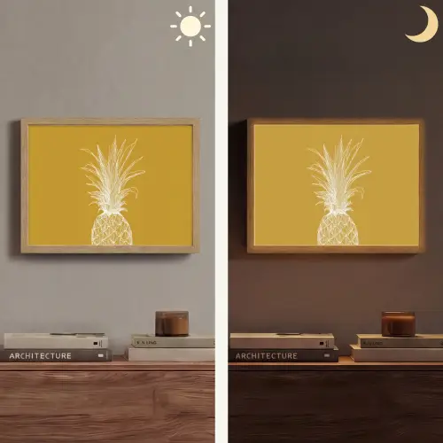 Lijnillustratie - Ananas - Bladkroon - Okergeel Light Box met batterij (Wandlamp) middel -sfeer3