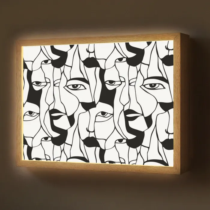 Lijnen - Gezichten - Zwart - Wit Light Box met batterij (Wandlamp) middel 907 -z3d_website