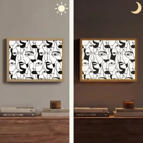 Lijnen - Gezichten - Zwart - Wit Light Box met batterij (Wandlamp) middel 907 -sfeer3