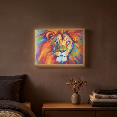 Leeuw - Dieren - Olieverf - Regenboog Light Box met batterij (Wandlamp) middel -sfeer4