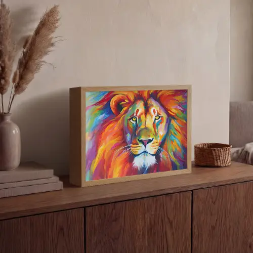 Leeuw - Dieren - Olieverf - Regenboog Light Box met batterij (Wandlamp) middel -sfeer2