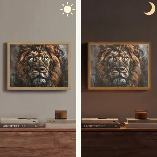Leeuw - Dieren - Portret - Zwart - Luxe Light Box met batterij (Wandlamp) middel -sfeer3