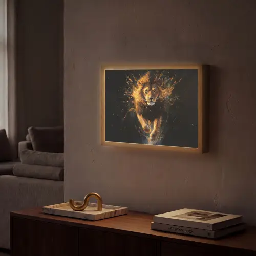 Leeuw - Zwart - Oranje - Verf Light Box met batterij (Wandlamp) middel -sfeer1