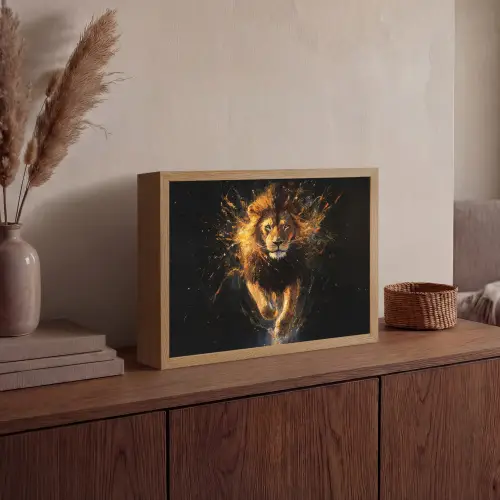 Leeuw - Zwart - Oranje - Verf Light Box met batterij (Wandlamp) middel -sfeer2