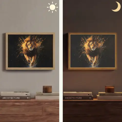 Leeuw - Zwart - Oranje - Verf Light Box met batterij (Wandlamp) middel -sfeer3