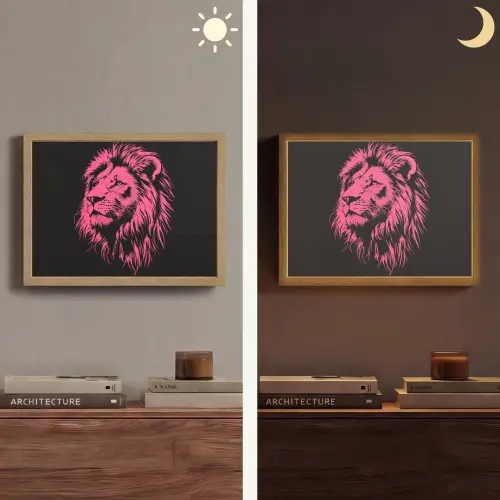 Leeuw - Zwart - Roze - Neon Light Box met batterij (Wandlamp) middel -sfeer3