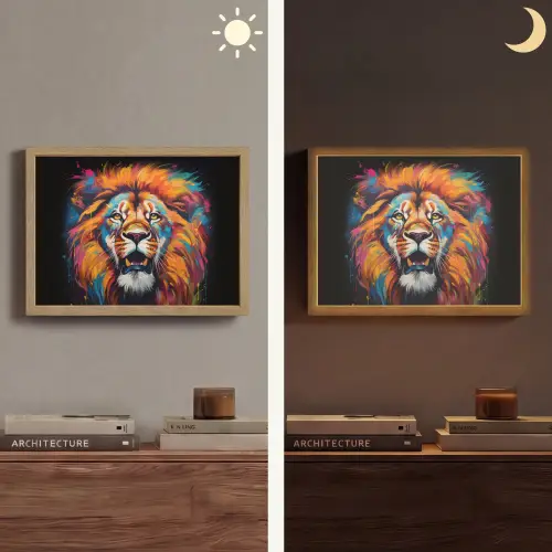 Leeuw - Graffiti - Dieren - Zwart Light Box met batterij (Wandlamp) middel -sfeer3