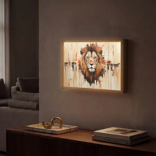 Leeuwenkop - Lijnen - Crème Light Box met batterij (Wandlamp) middel -sfeer1