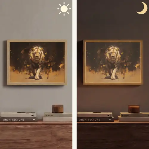 Leeuw - Geschilderd - Abstract - Goud Light Box met batterij (Wandlamp) middel -sfeer3