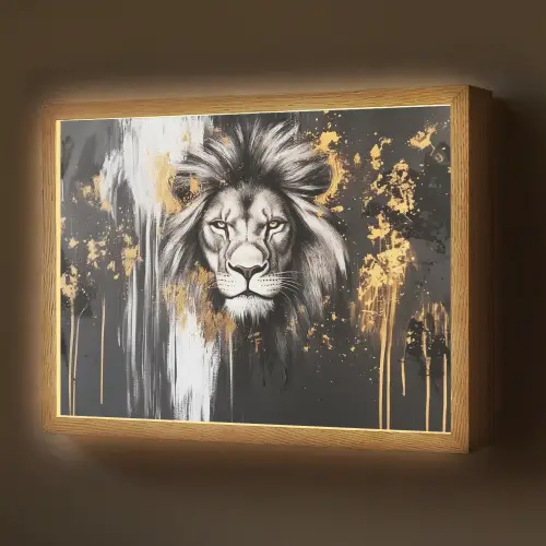 Leeuw - Portret - Verfspatten - Grijs Light Box met batterij (Wandlamp) middel -z3d_website