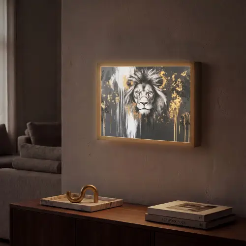 Leeuw - Portret - Verfspatten - Grijs Light Box met batterij (Wandlamp) middel -sfeer1