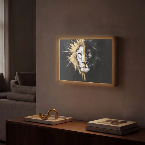 Leeuw - Gesplitst - Zwart - Lijn Light Box met batterij (Wandlamp) middel -sfeer1