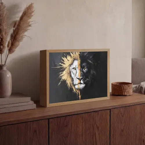 Leeuw - Gesplitst - Zwart - Lijn Light Box met batterij (Wandlamp) middel -sfeer2