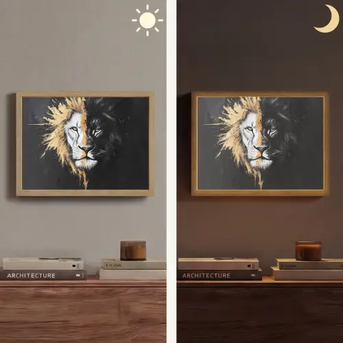 Leeuw - Gesplitst - Zwart - Lijn Light Box met batterij (Wandlamp) middel -sfeer3