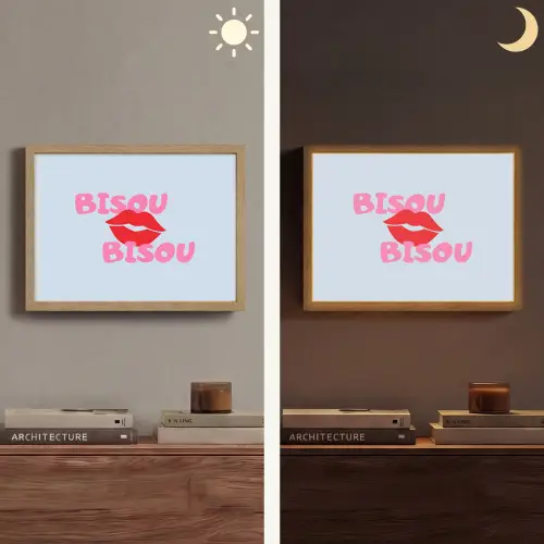 Lippen - Bisou - Blauw Light Box met batterij (Wandlamp) middel -sfeer3