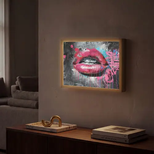 Lippen - Felroze - Graffiti - Verfstrepen Light Box met batterij (Wandlamp) middel -sfeer1