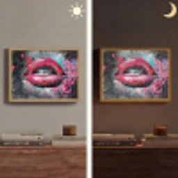 Lippen - Felroze - Graffiti - Verfstrepen Light Box met batterij (Wandlamp) middel -sfeer3