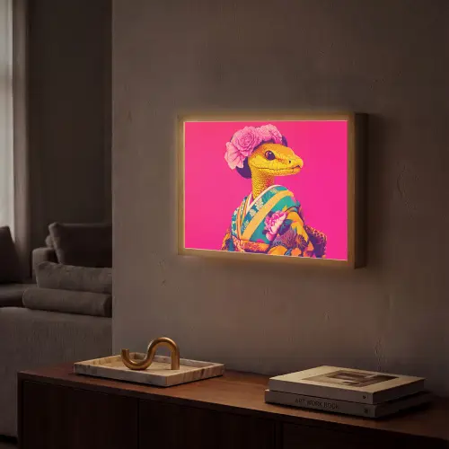Hagedis - Bloemen - Roze - Kimono Light Box met batterij (Wandlamp) middel -sfeer1
