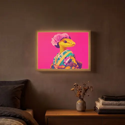 Hagedis - Bloemen - Roze - Kimono Light Box met batterij (Wandlamp) middel -sfeer4