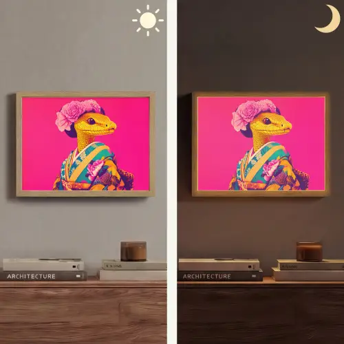 Hagedis - Bloemen - Roze - Kimono Light Box met batterij (Wandlamp) middel -sfeer3