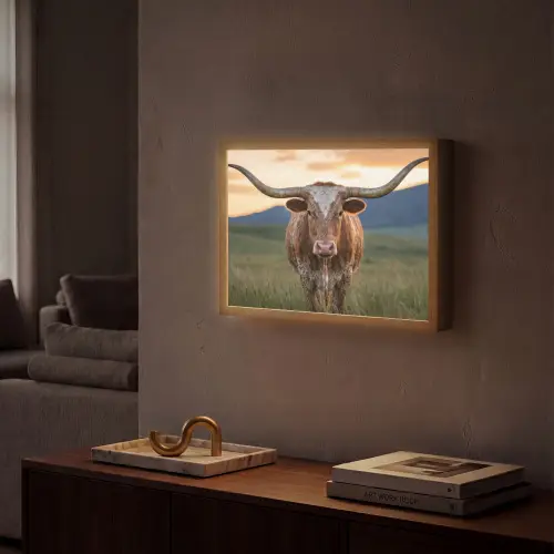 Longhorn - Landschap - Zonsondergang Light Box met batterij (Wandlamp) middel -sfeer1