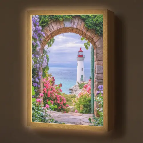 Doorkijk - Vuurtoren - Bloemen - Uitzicht Light Box met batterij (Wandlamp) middel -z3d_website