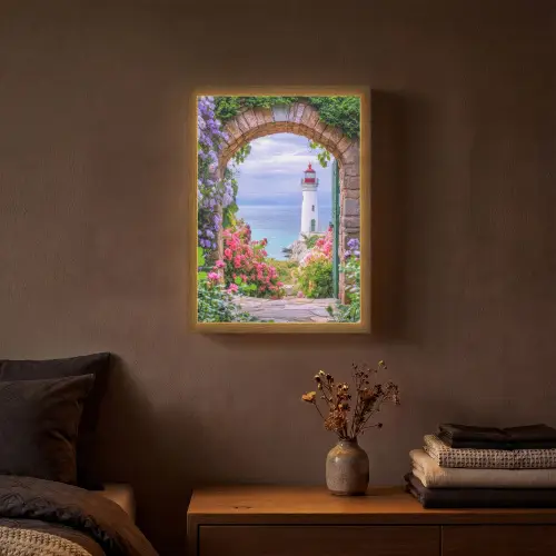 Doorkijk - Vuurtoren - Bloemen - Uitzicht Light Box met batterij (Wandlamp) middel -sfeer4