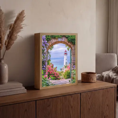 Doorkijk - Vuurtoren - Bloemen - Uitzicht Light Box met batterij (Wandlamp) middel -sfeer2