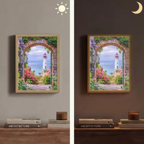 Doorkijk - Vuurtoren - Bloemen - Uitzicht Light Box met batterij (Wandlamp) middel -sfeer3