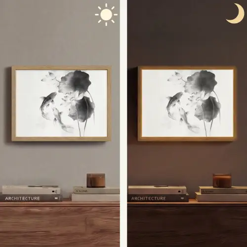 Lotusbloemen - Vissen - Bladeren - Zwart Light Box met batterij (Wandlamp) middel -sfeer3