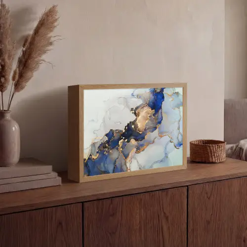 Marmer - Blauw - Goud Light Box met batterij (Wandlamp) middel -sfeer2