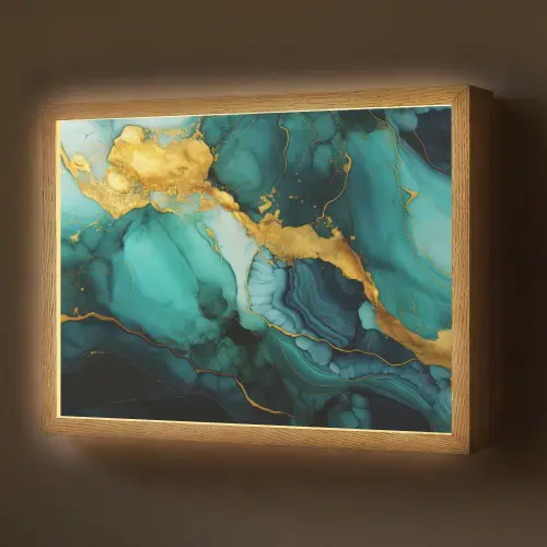 Marmer - Goud - Blauw groen - Abstract - Turquoise Light Box met batterij (Wandlamp) middel -z3d_website