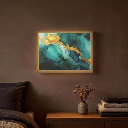 Marmer - Goud - Blauw groen - Abstract - Turquoise Light Box met batterij (Wandlamp) middel -sfeer4