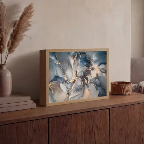 Marmer - Grijs - Blauw - Luxe - Goud Light Box met batterij (Wandlamp) middel -sfeer2