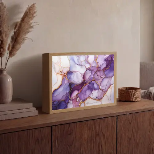 Marmer - Paars - Lila - Goud Light Box met batterij (Wandlamp) middel -sfeer2