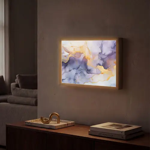 Marmer - Paars - Lila - Goud - Abstract Light Box met batterij (Wandlamp) middel -sfeer1