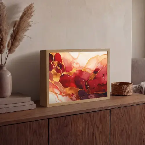 Marmer - Rood - Goud - Modern - Abstract Light Box met batterij (Wandlamp) middel -sfeer2
