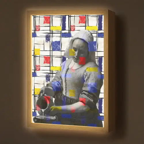 Melkmeisje - Mondriaan - Collage Light Box met batterij (Wandlamp) middel -z3d_website