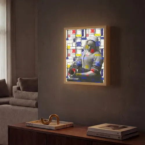 Melkmeisje - Mondriaan - Collage Light Box met batterij (Wandlamp) middel -sfeer1