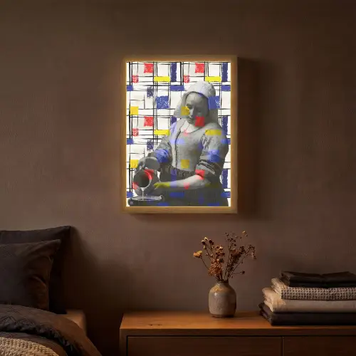 Melkmeisje - Mondriaan - Collage Light Box met batterij (Wandlamp) middel -sfeer4
