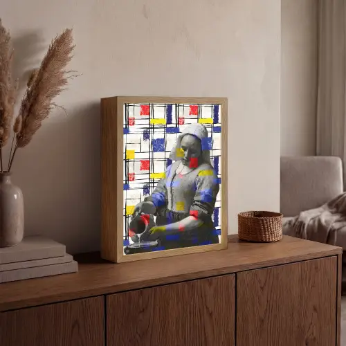Melkmeisje - Mondriaan - Collage Light Box met batterij (Wandlamp) middel -sfeer2